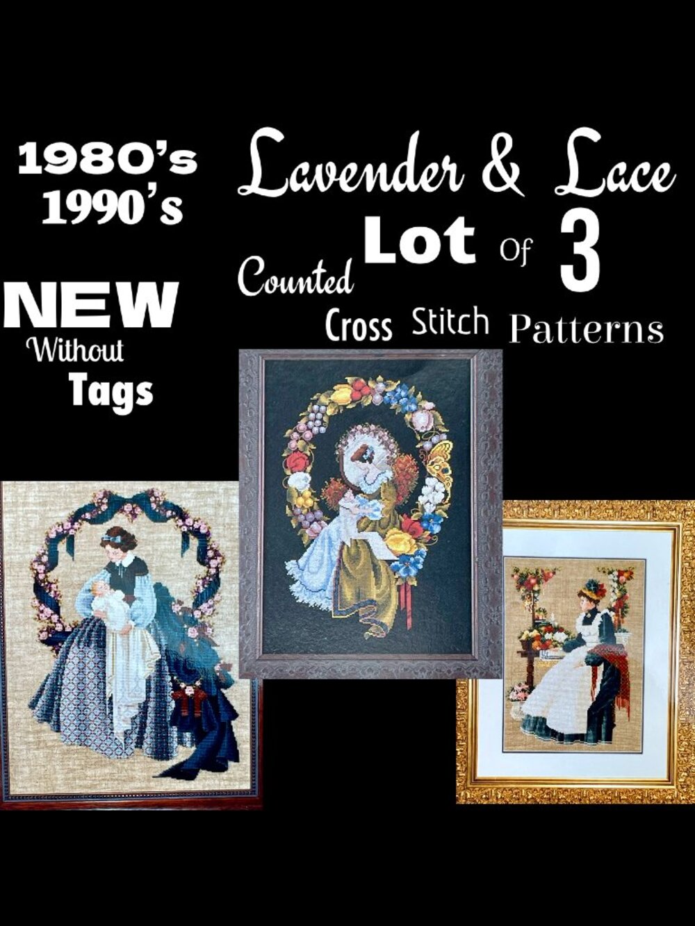 ▪️NWOT▪️VTG▪️LAVENDER & LACE▪️80's 90's Lot of 3 Counted Cross Stitch Patterns